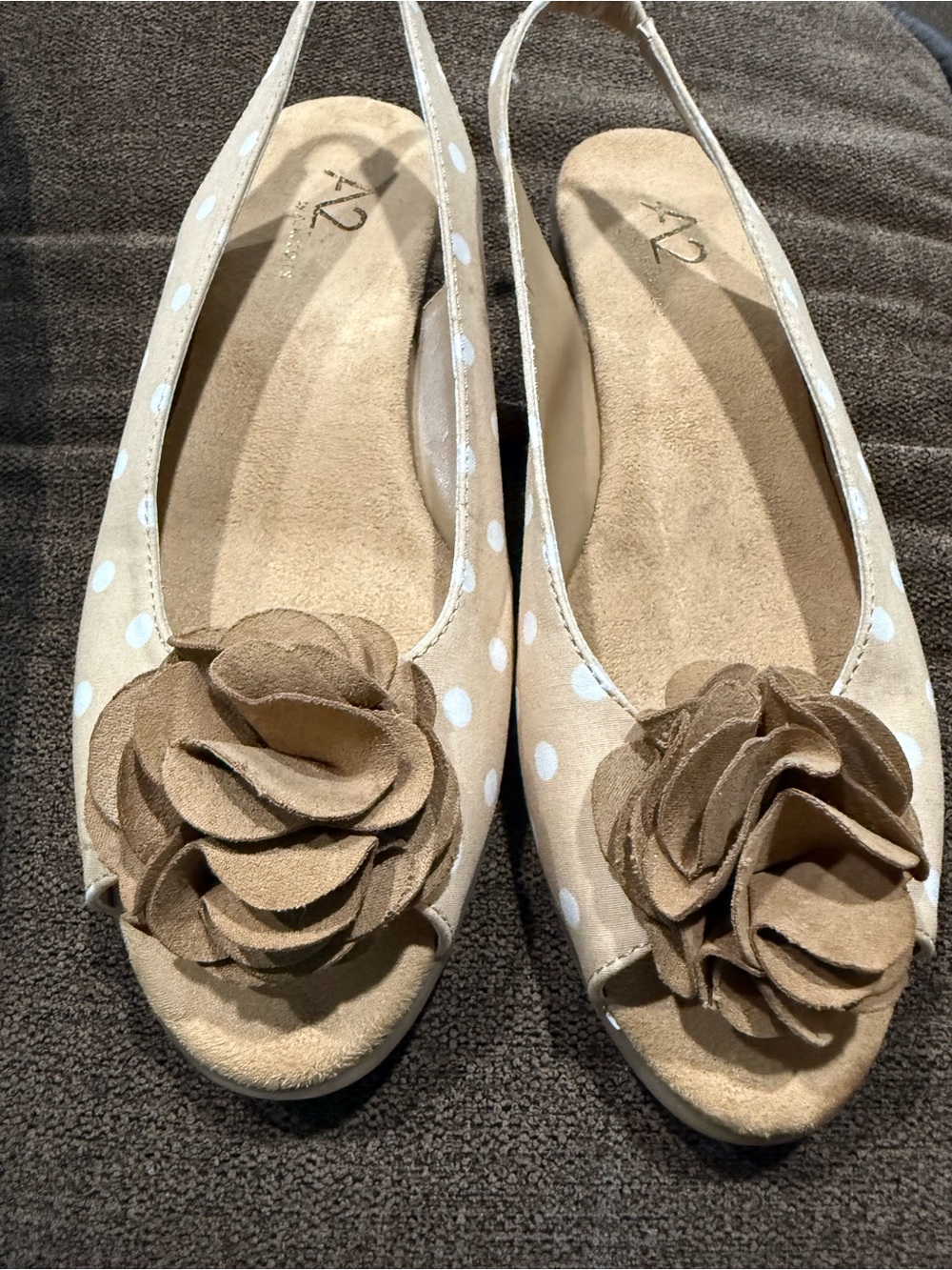 A2 By Aerosoles Beige Polka Dot Peep-Toe Slingbacks with Floral Accent